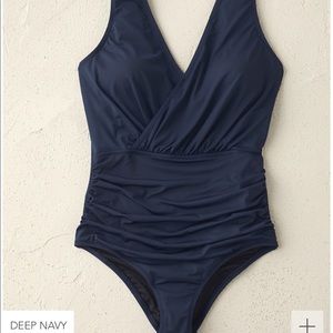 Garnet Hill Ruched Surplice V-Neck One-Piece